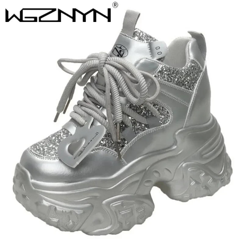 10.5CM Women Casual Platform Sneakers High Heels New Autumn Sports Leather Shoes Bling Trainers Chunky Sneaker Zapatos Mujer