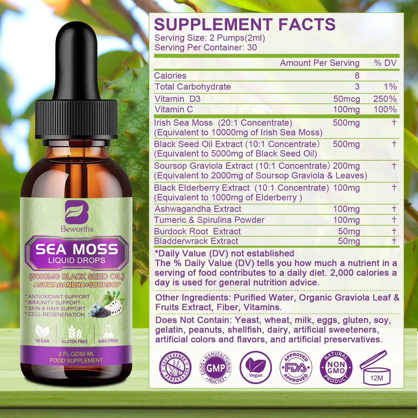 BEWORTHS Sea Moss & Soursop Drops – 60ml Super Extract for Immunity, Kidney Function & Antioxidant Power | Vegan Herbal Liquid Supplement - Premium supplement from dsers - Just $26.99! Shop now at Lizard Vigilante