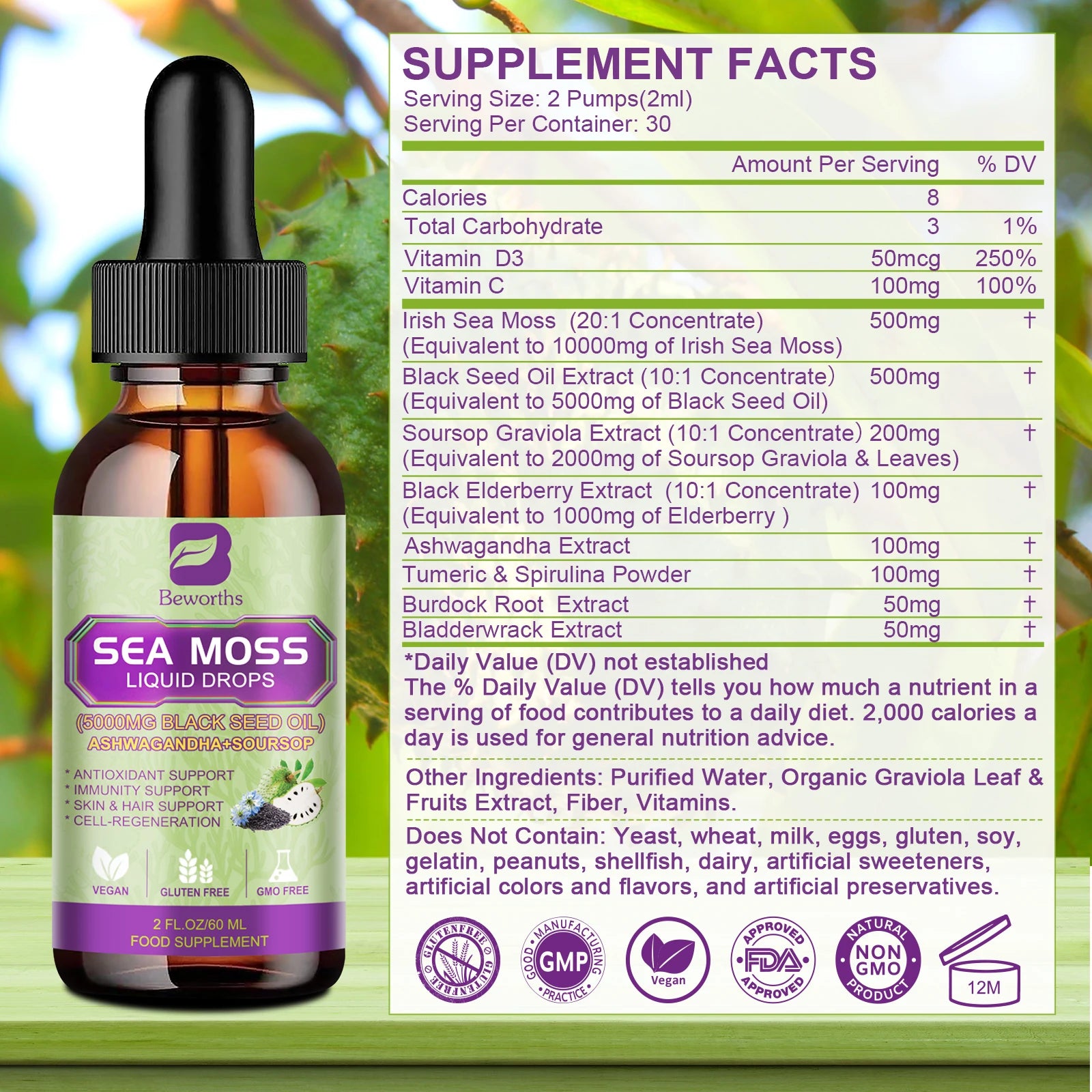 BEWORTHS Sea Moss & Soursop Drops – 60ml Super Extract for Immunity, Kidney Function & Antioxidant Power | Vegan Herbal Liquid Supplement - Premium supplement from dsers - Just $26.99! Shop now at Lizard Vigilante