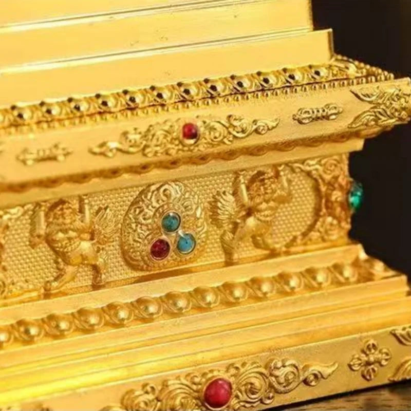 Buddha Statue Pagoda,Engraving Inlaid Gem Tibetan Alloy Double-Layer Tower,Altars Stupa,Buddhist Item Religious Decorative