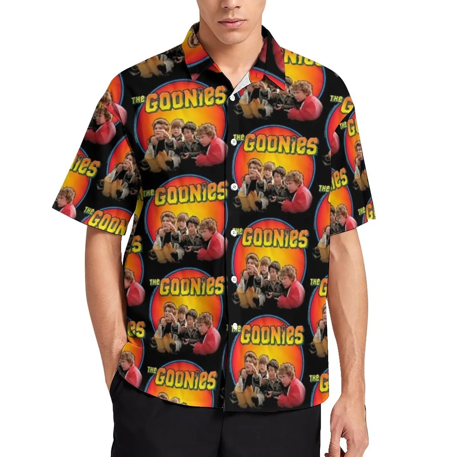 Retro Goonies Print Hawaiian Beach Shirt – 80s Classic Movie-Inspired Casual Button-Up for Men, Plus Size - Premium beach shirt from Lizard Vigilante - Just $26.88! Shop now at Lizard Vigilante