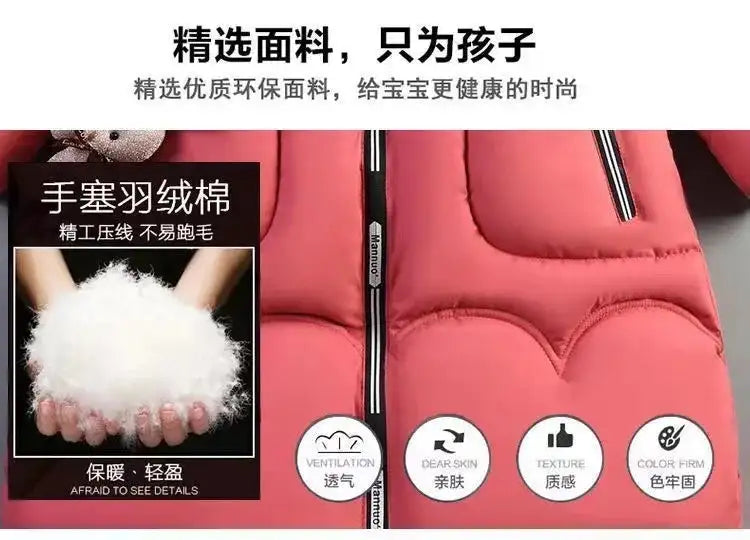 4 Color Big Size Winter Keep Warm Long Style Girls Jacket Teenage Thick Heavy Cold-proof Hooded Windbreaker Coat For Kids