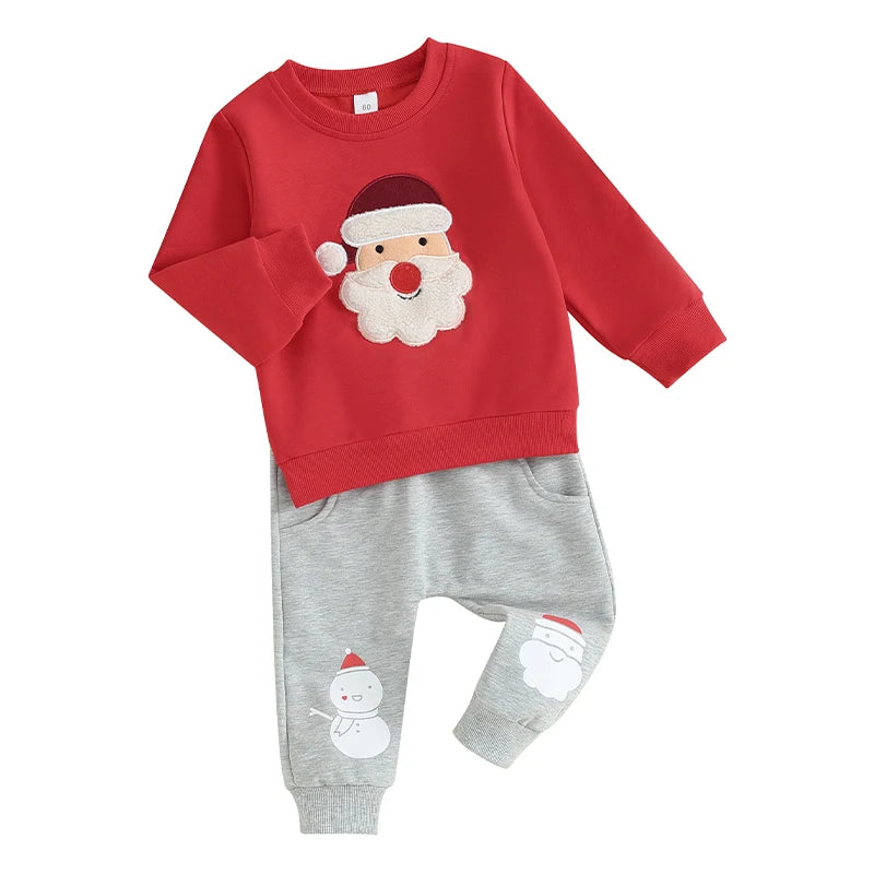 Toddler Boys Christmas Outfit – Santa/Elk Fuzzy Embroidery Long Sleeve Sweatshirt & Pants Set - Premium  from Lizard Vigilante - Just $24.88! Shop now at Lizard Vigilante