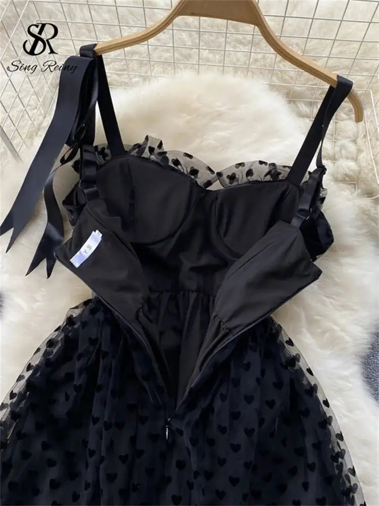 SINGREINY High Quality A Line Mesh Long Dress Spaghetti Strap Sleeveless Sheath Sundress 2023 Women Fashion Dot Print Maxi Dress