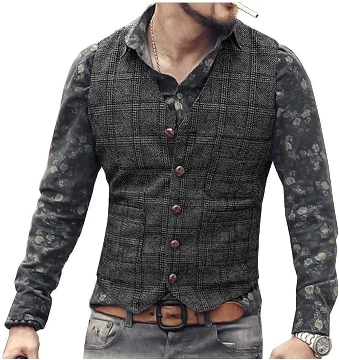 Men’s Vintage Tweed Plaid Vest – Classic Slim Fit Waistcoat for Weddings & Business - Premium vest from Lizard Vigilante - Just $42.88! Shop now at Lizard Vigilante