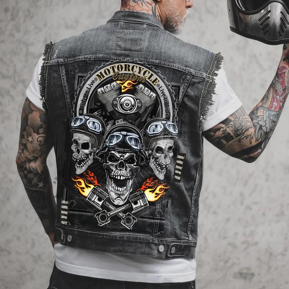 Street Motorcycle Show Winged Eagle Printing Casual Heavy Craftsmanship Worn Out Washed Men's Denim - Lizard Vigilante