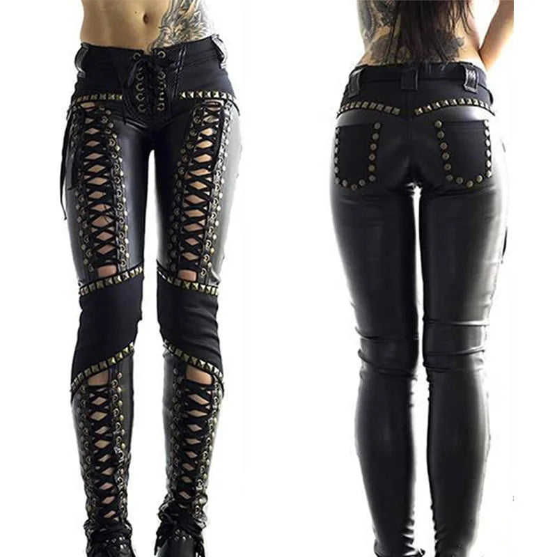 Women's Punk Rock Imitation Leather Pencil Pants New Sensual Hollow Out Bandage Bodycon Leggings Streetwear Women's Pants - Premium pants from Lizard Vigilante - Just $52.88! Shop now at Lizard Vigilante