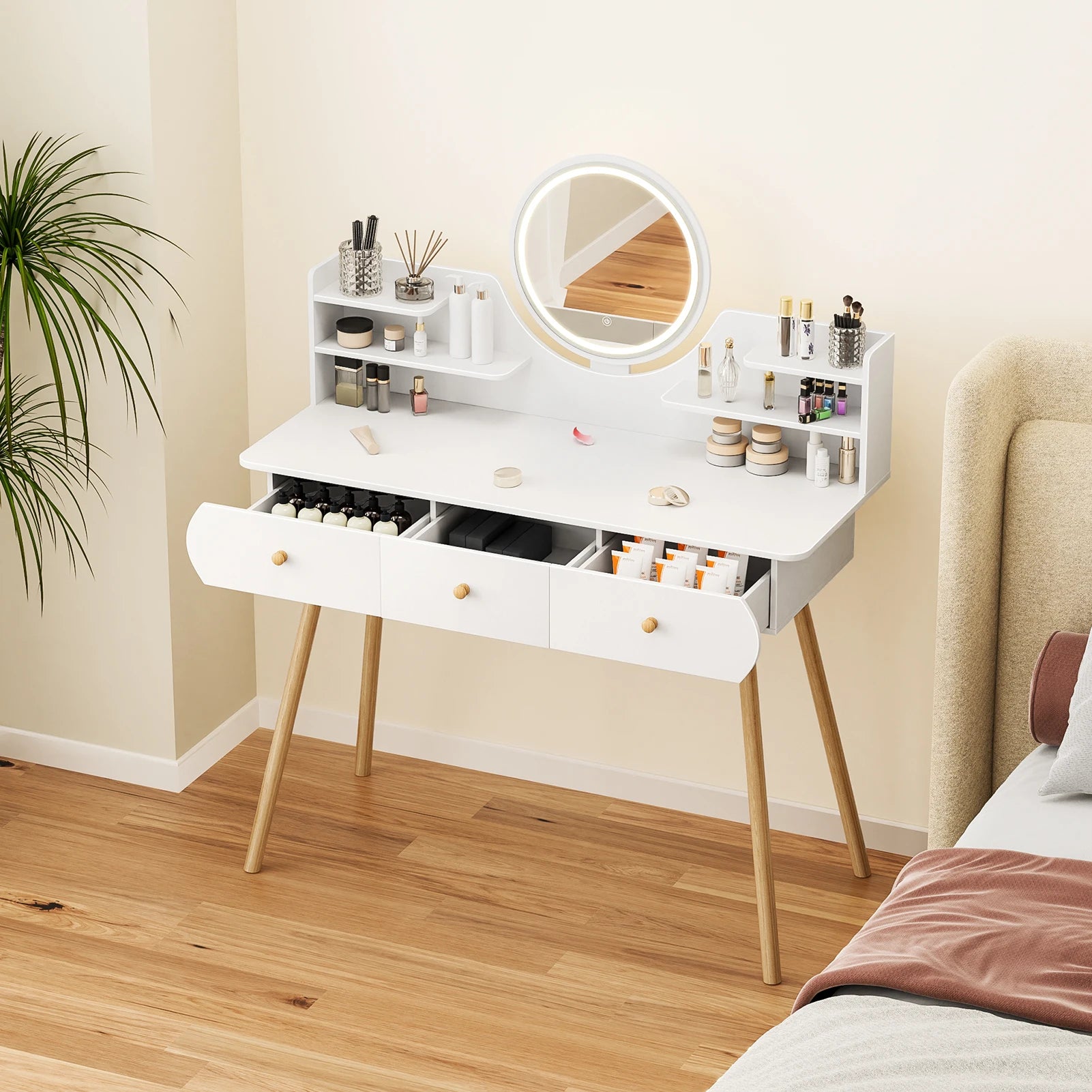 Makeup Vanity Desk with LED Lighted Mirror, Vanity Table with 4 Drawers and Opening Shelves, Bedroom Dressing Table - Premium  from Lizard Vigilante - Just $140.99! Shop now at Lizard Vigilante