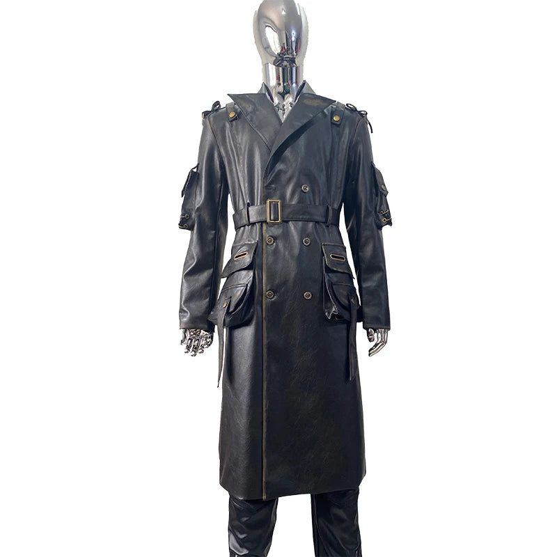 Nerazzurri Men’s Long Distressed PU Leather Trench Coat – Waterproof, Belted Punk Style for Spring & Autumn - Premium trench coat from Lizard Vigilante - Just $148.88! Shop now at Lizard Vigilante