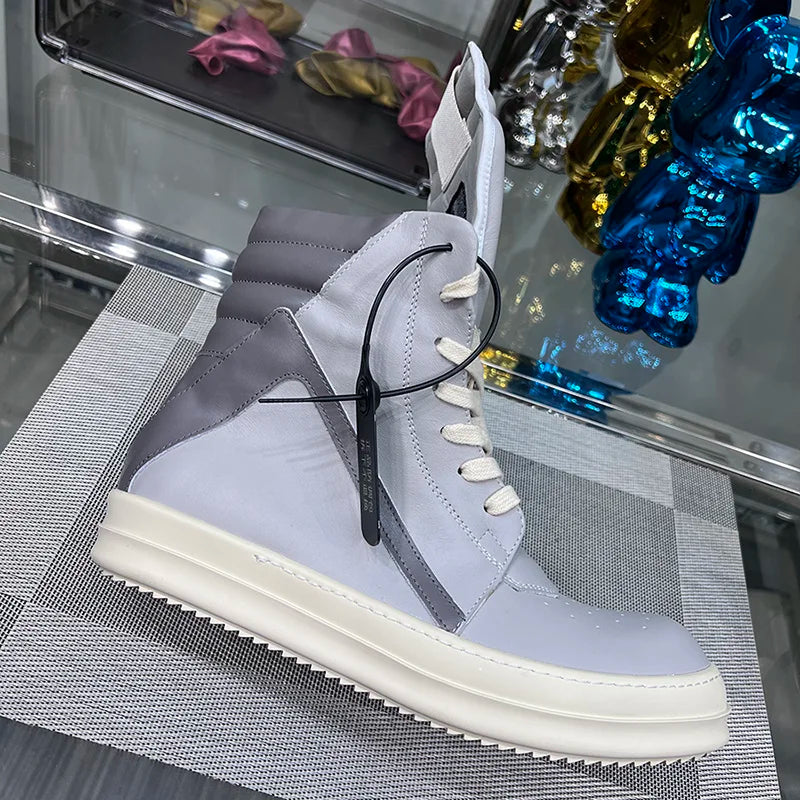 Casual Shoes Men High Top Gray Genuine Leather Luxury Trainers Women Geobasket Jumbo Lace Up Designer Sneaker Flats Ankle Boots - Premium  from Lizard Vigilante - Just $198.99! Shop now at Lizard Vigilante