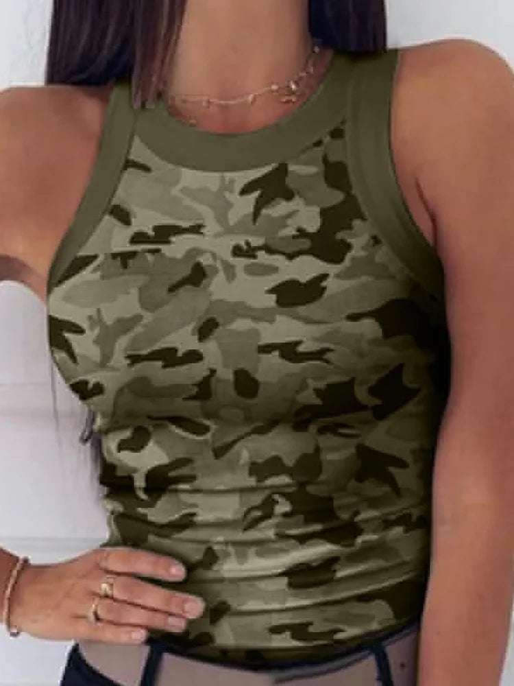 Women’s Casual Camo Round Neck Ribbed Tank Top - Premium vest from Lizard Vigilante - Just $25.88! Shop now at Lizard Vigilante