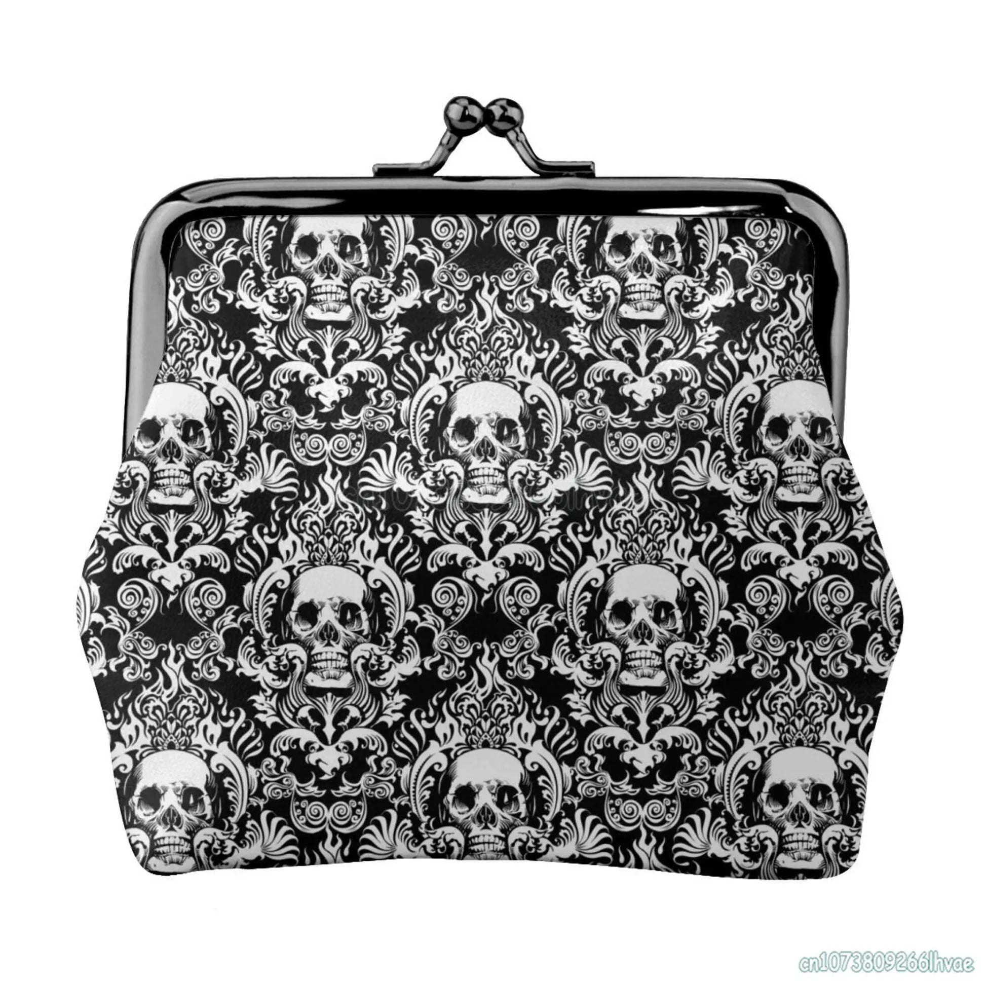 Gothic Black Skull Damask Women Leather Coin Purse Small Change Pouch with Kiss-Lock Clasp Closure Buckle Wallet for Girl Gift - Premium  from Lizard Vigilante - Just $26.99! Shop now at Lizard Vigilante