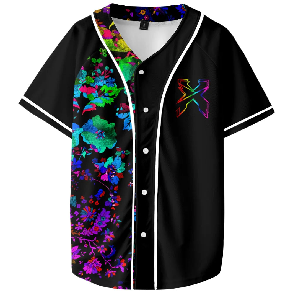 Excision Trippy Floral Pattern Baseball Jersey Merch Harajuku Thin button Baseball Uniform Baseball Jersey Fro EDC EDM Fan Top - Lizard Vigilante