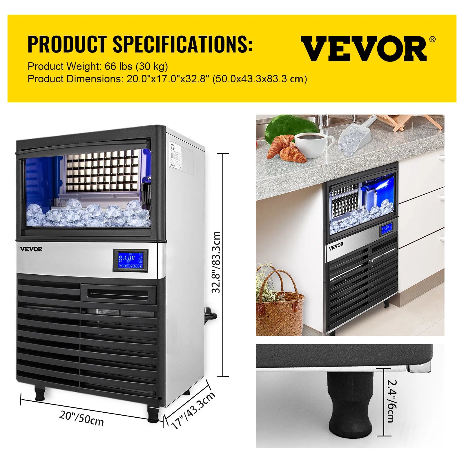 VEVOR Commercial Cube Ice Maker with Water Drain Pump 50/60/70 KG/24H Freestanding LCD Touch Screen Liquid Freezer Ice Machine - Premium  from Lizard Vigilante - Just $895.99! Shop now at Lizard Vigilante