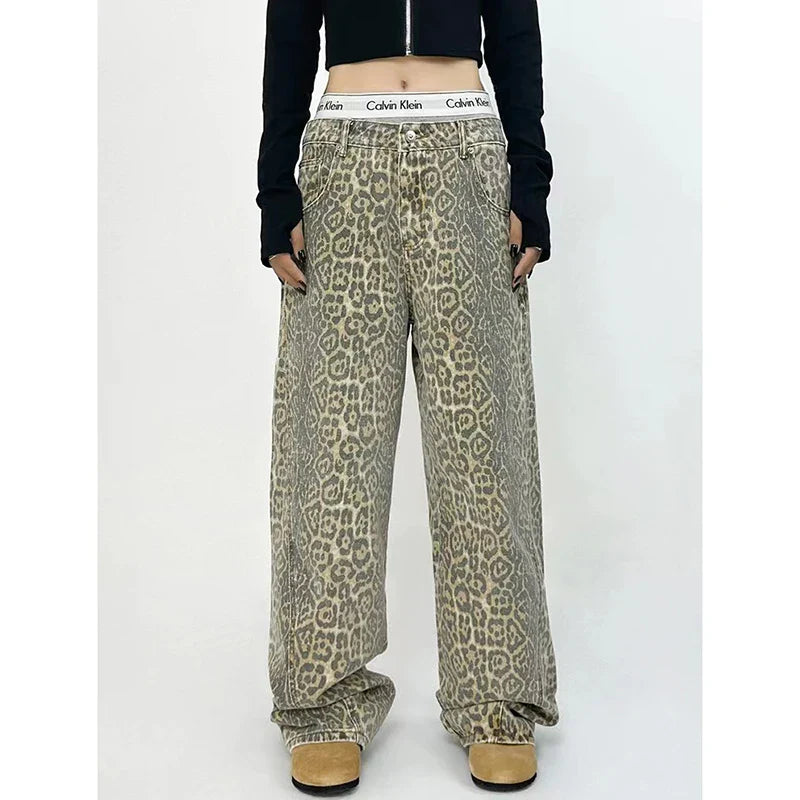 American Retro High Street Casual Overalls Leopard Print Loose Wide Leg Pants For Women Y2k Hip-hop Cargo Grunge Baggy Trousers