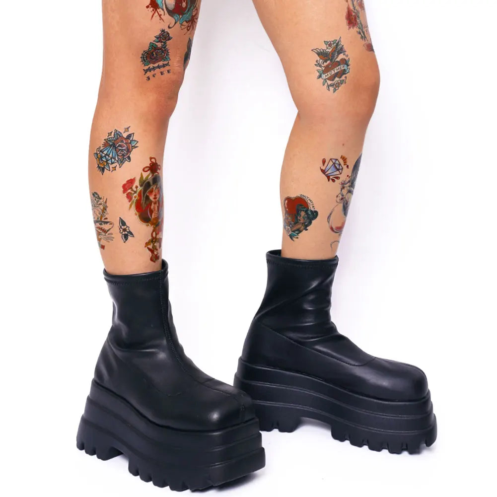 GIGIFOX Gothic Platform High Boots for Women – Black Punk Combat Motorcycle Chunky Halloween Stretch Boots - Premium platform boots from Lizard Vigilante - Just $53.88! Shop now at Lizard Vigilante