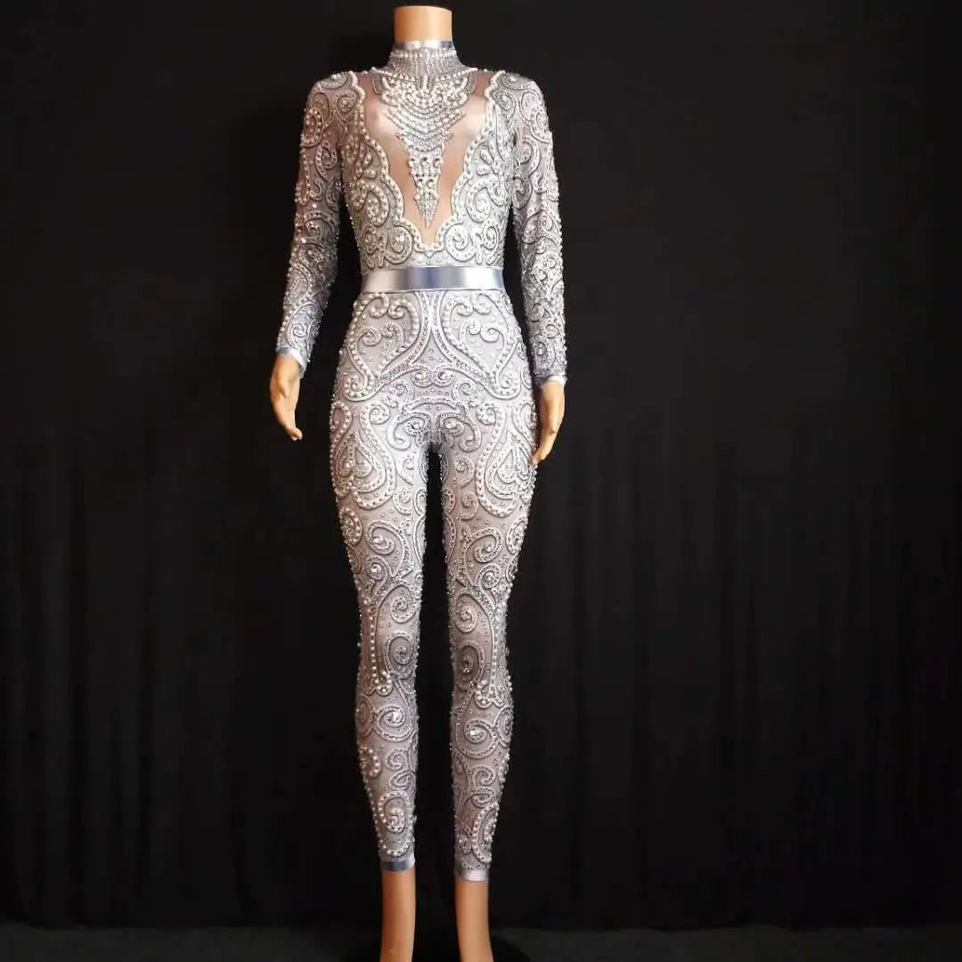 Sexy Silver & Gold Rhinestone Bodysuit – DJ, Bar, Singer, and Catwalk Stage Costume with Crystals & Pearl Appliques - Premium costume from Lizard Vigilante - Just $99.91! Shop now at Lizard Vigilante