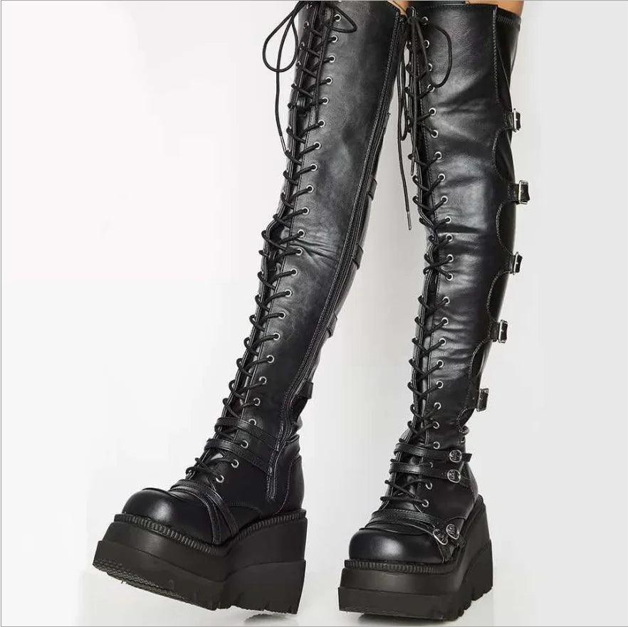 Gothic Thigh High Boots Women Platform Wedges Long Motorcycle Boot Over The Knee Army Stripper Heels Punk Rock Lace-up Belt Buckle - Lizard Vigilante