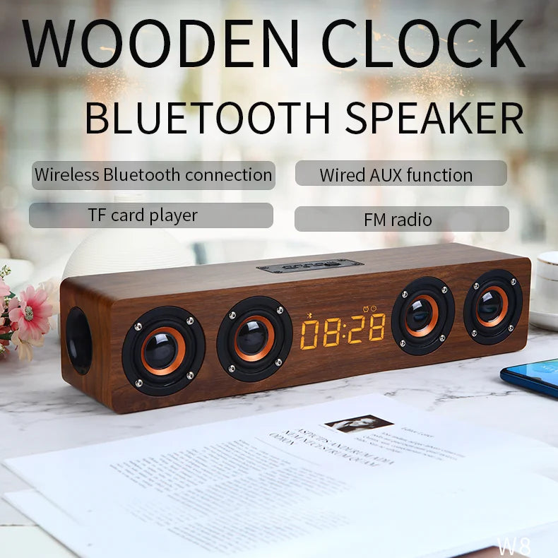 Wooden Bluetooth Speaker Portable Wireless Subwoofer Clock Soundbox Home Computer Echo Wall Soundbar HiFi Stereo TF AUX U Disk