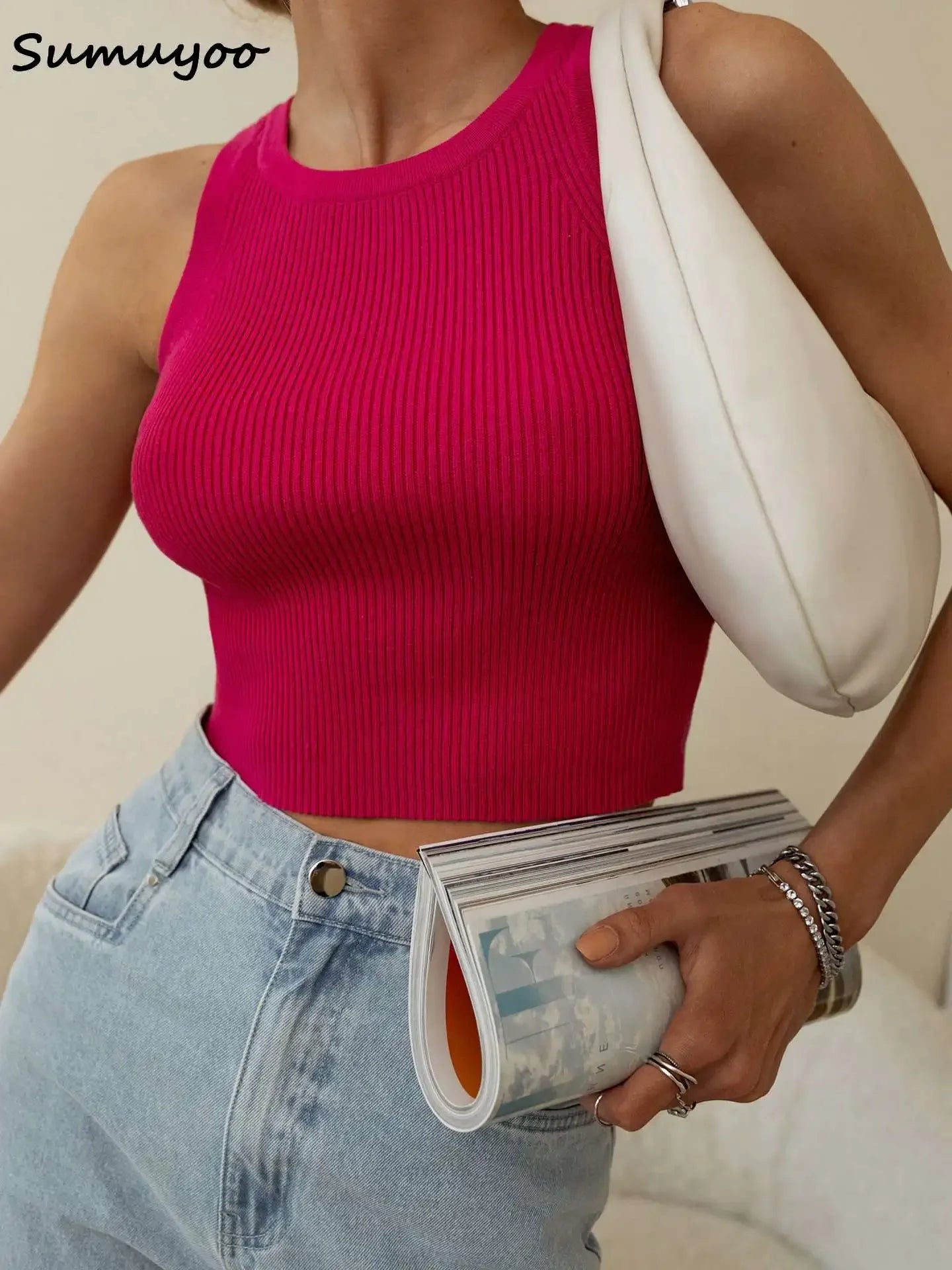 Sumuyoo Summer Knitted Tank Tops Women Casual Crop Tops Sexy Girls Suspender Vest O-neck OL Slim Ribber Sleeveless T Shirts - Premium  from Lizard Vigilante - Just $41.99! Shop now at Lizard Vigilante