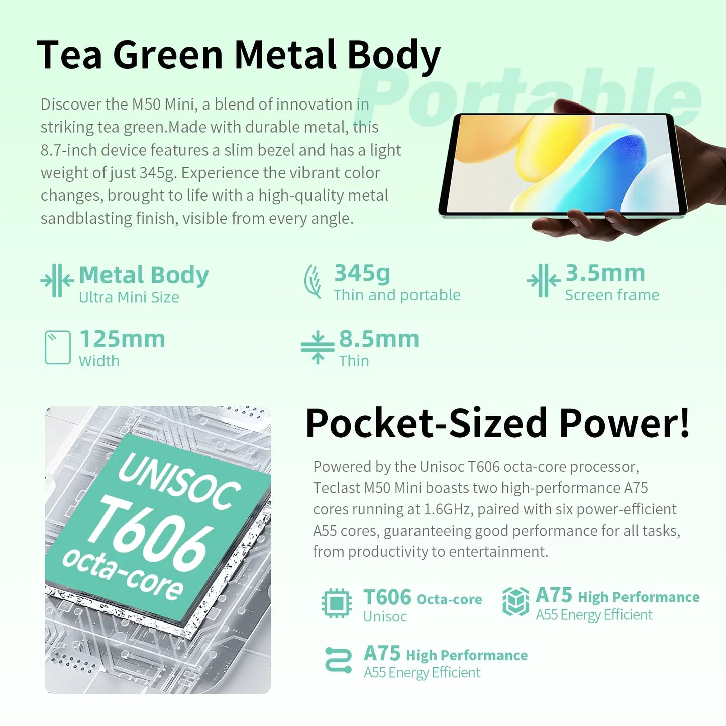 Teclast M50Mini, 8.7 Inches Tablet, 8 Cores, Android 14, 4g Phone Call, (6Gb+10Gb)16Gb Ram, 128Gb Rom, 1340X800, Unisoc T606, 13Mp+5Mp