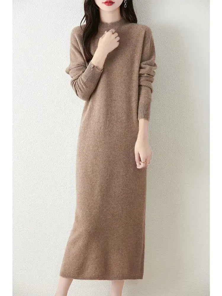 Autumn Winter Women's Wool Long Dress Cashmere Mock Neck Pullover Sweater 100% Merino Wool Soft Knitwear OL Simple Basic Dress