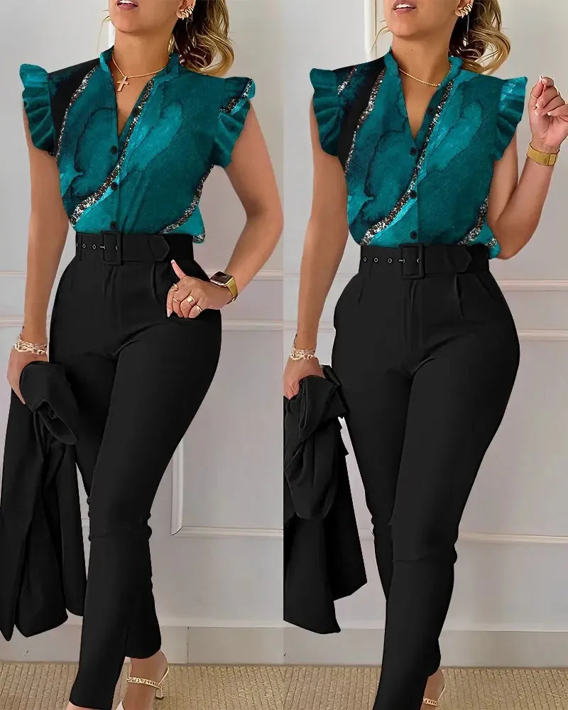 Women's Elegant Floral Slim Two-Piece Set - V-Neck Flying Sleeve Top & High-Waist Pencil Pants with Sash Belt - Premium suit from Lizard Vigilante - Just $38.88! Shop now at Lizard Vigilante