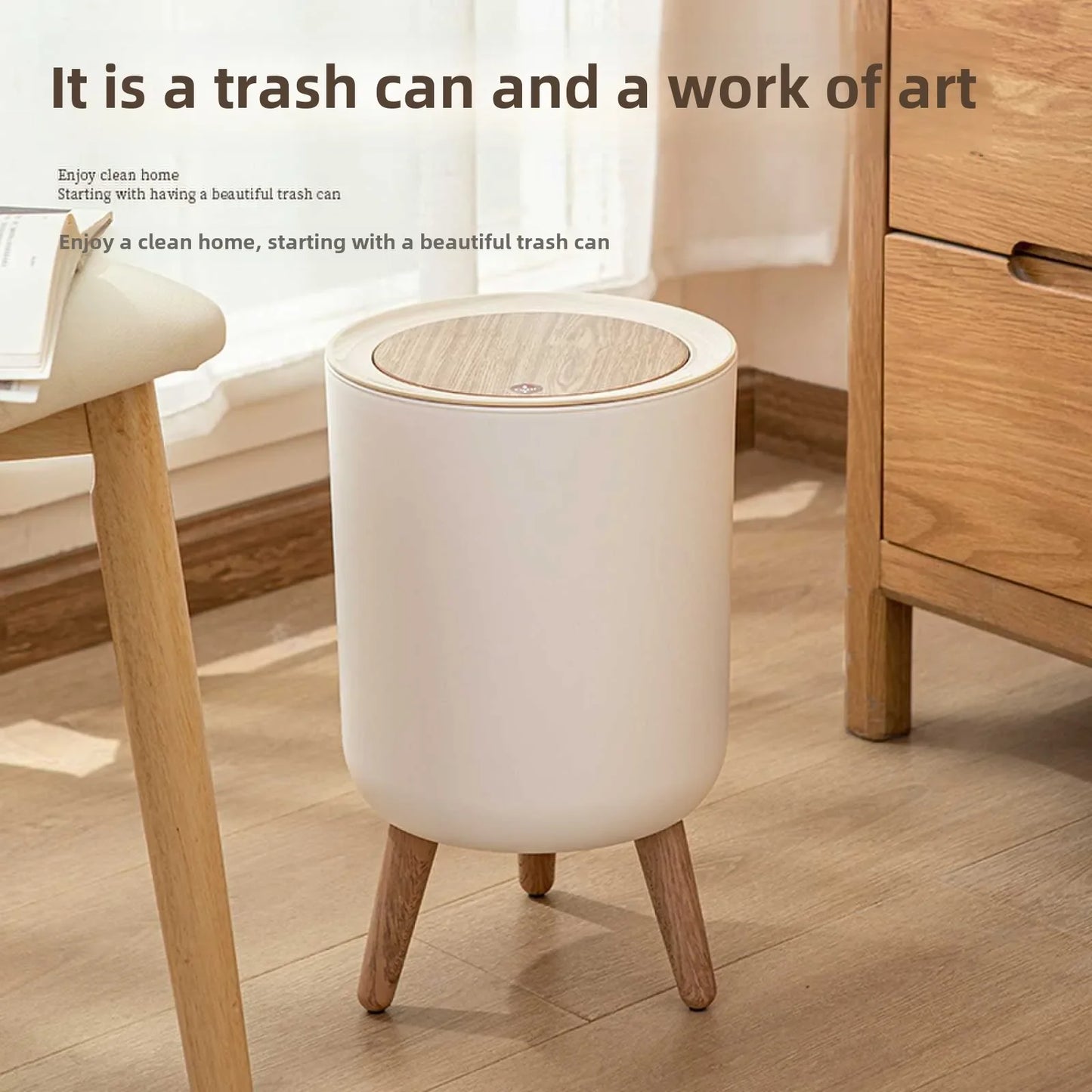 Imitation wood grain high foot garbage bin, press type with lid, household high-end feeling, light luxury garbage bin