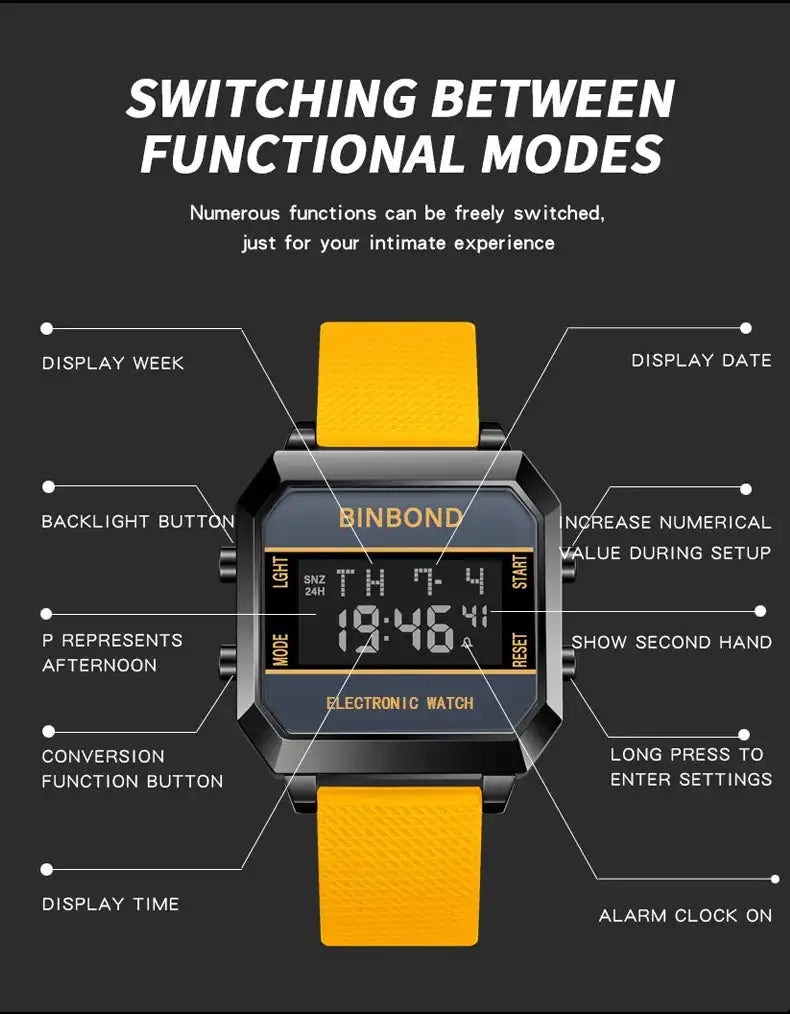 Men's Watch Business Sports Multifunctional Alarm Clock Waterproof Silicone Strap Male Student Fashion Electronic Wristwatches