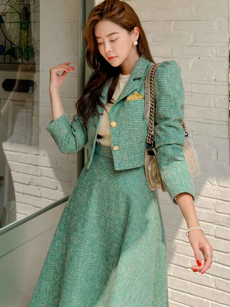 Women’s 2-Piece Korean Chic French Temperament Suit – V-neck Pearl Button Puff Sleeve Jacket with High Waist Swing Skirt for a Timeless Autumn Look - Premium skirt from Lizard Vigilante - Just $88.88! Shop now at Lizard Vigilante