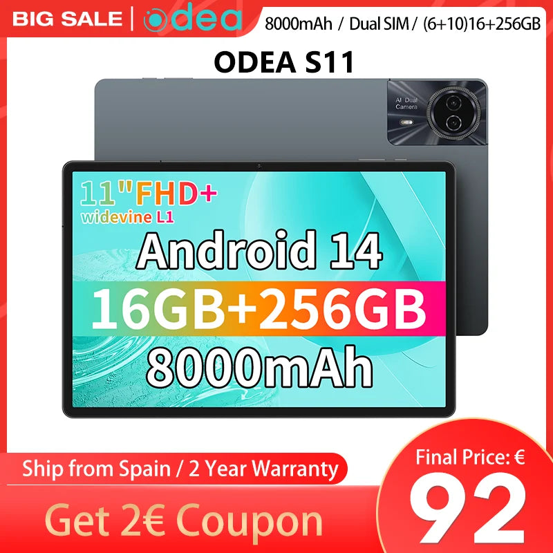 Odea S11, 11 Inch Tddi, 8000Mah, Android 14 Tablet, (6Gb+10Gb Expansion) 16Gb Ram, 256Gb Rom, 1920X1200 Ips, Unisoc T606, 8 Cores, Mali-G57, 4g Lte, Wifi, Gps, Sim Slots*2+Tf*1, Widevine L1 for Netflix