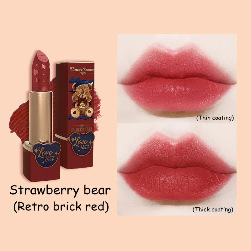 Flower Knows Love Bear Series Matte Moisturizing Lipstick Silky Smooth Renewal Natural Lip Makeup Professional Cosmetic Women