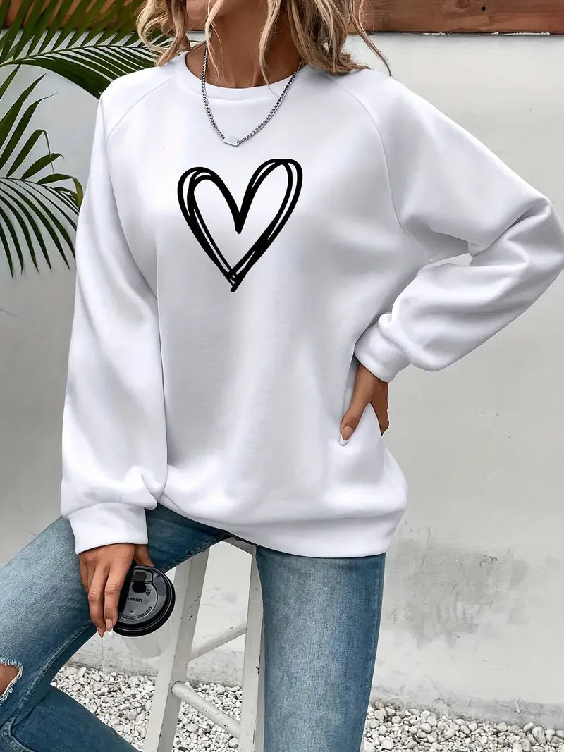 Heart Print Casual Pullover Sweatshirt for Women – Cozy Crew Neck, Fall & Spring Essential - Premium sweatshirt from Lizard Vigilante - Just $38.88! Shop now at Lizard Vigilante