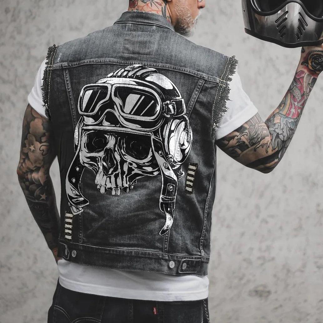 Street Motorcycle Show Winged Eagle Printing Casual Heavy Craftsmanship Worn Out Washed Men's Denim - Lizard Vigilante