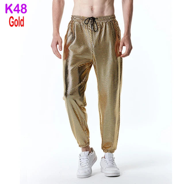 Mens Joggers Metallic Shiny Gold Fish Scales Sweatpants 70s Disco Dance Harem Pants Men Nightclub Stage Party Streetwear Trousers - Premium joggers from Lizard Vigilante - Just $34.99! Shop now at Lizard Vigilante