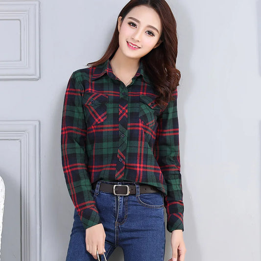 Women’s Cotton Flannel Plaid Shirt – College Style Long Sleeve Blouse with Pockets – Timeless Casual Elegance - Premium shirt from Lizard Vigilante - Just $38.88! Shop now at Lizard Vigilante