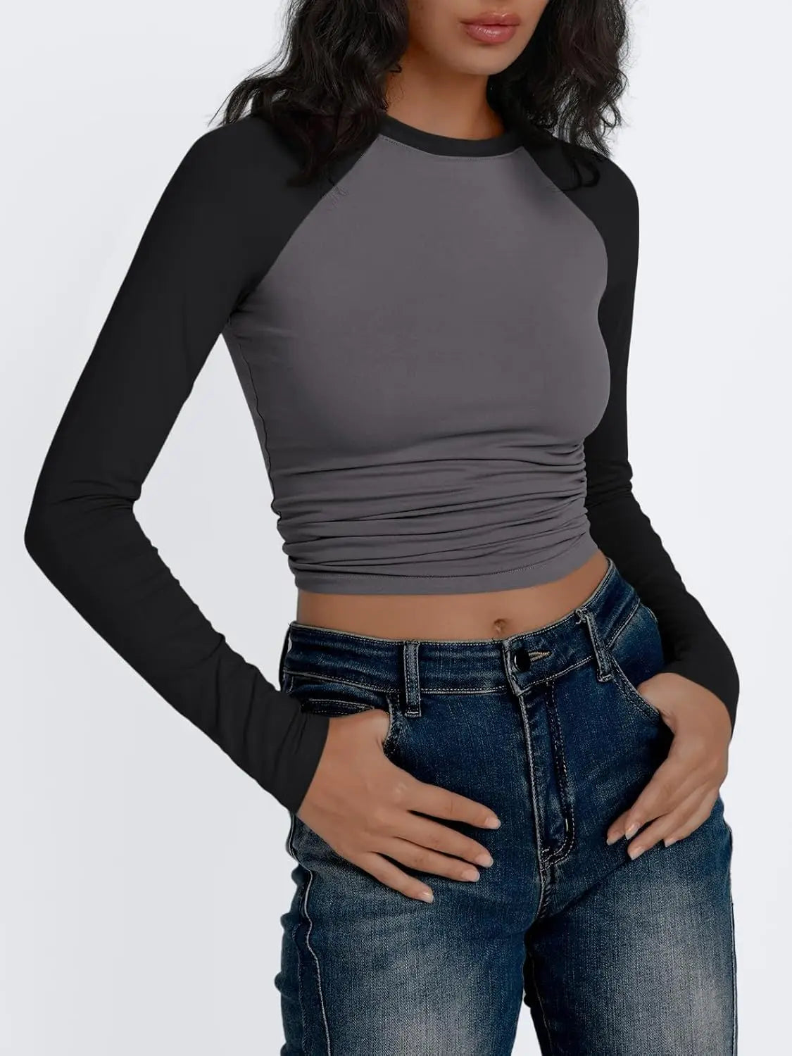 Women's Long Sleeve Shirts Slim Fit Stretchy Color Block Slightly Cropped Tops - Premium  from Lizard Vigilante - Just $19.99! Shop now at Lizard Vigilante