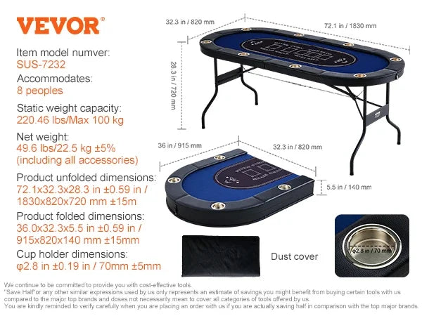 VEVOR 8-Player Foldable Poker Table – Blackjack & Texas Hold'em with Padded Rails & Stainless Steel Cup Holders – Blue Party Game Table - Premium poker table from Lizard Vigilante - Just $288.88! Shop now at Lizard Vigilante