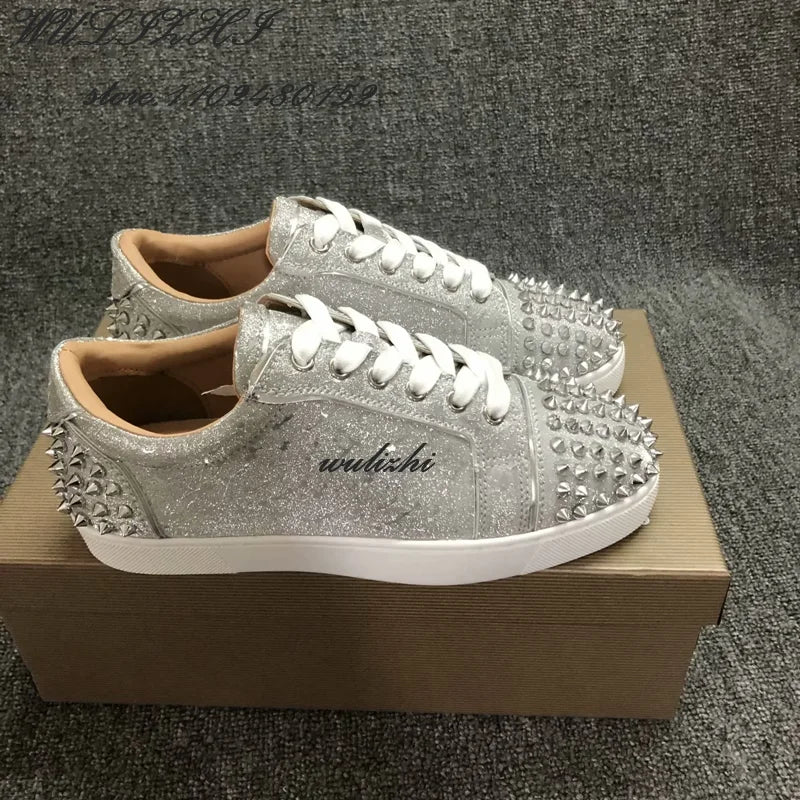 Flat Rivet Silver Casual Shoes Women Clutch Design Crystal Sneakers Luxurious Round Concise Couple Metallic Glitter Lace Up Shoe - Premium shoes from Lizard Vigilante - Just $147.99! Shop now at Lizard Vigilante