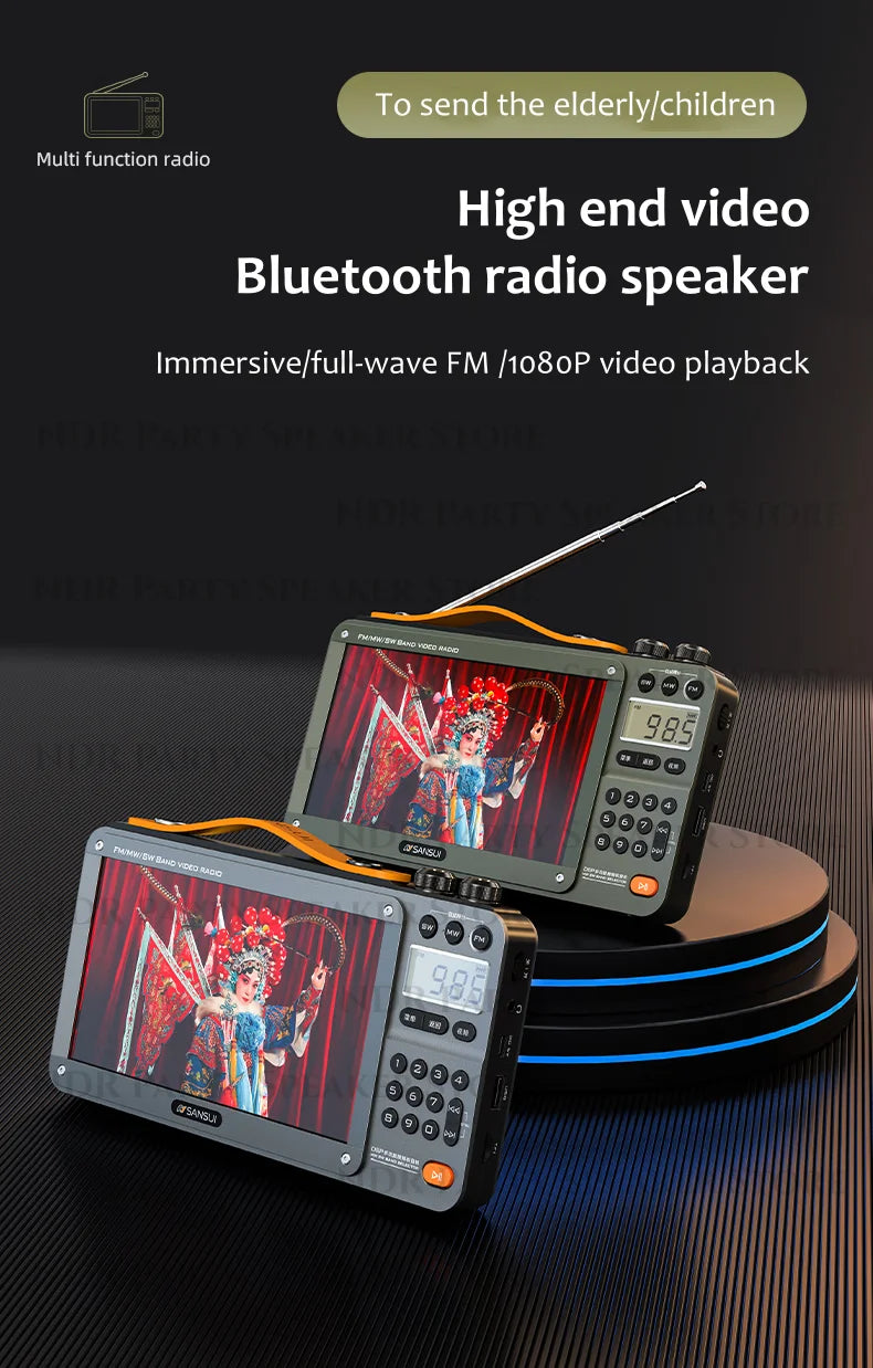 SANSUI Wireless Bluetooth Speakers Home Full-band Radio LED HD Video Player Portable MP4 Walkman Built-in Rechargeable Battery