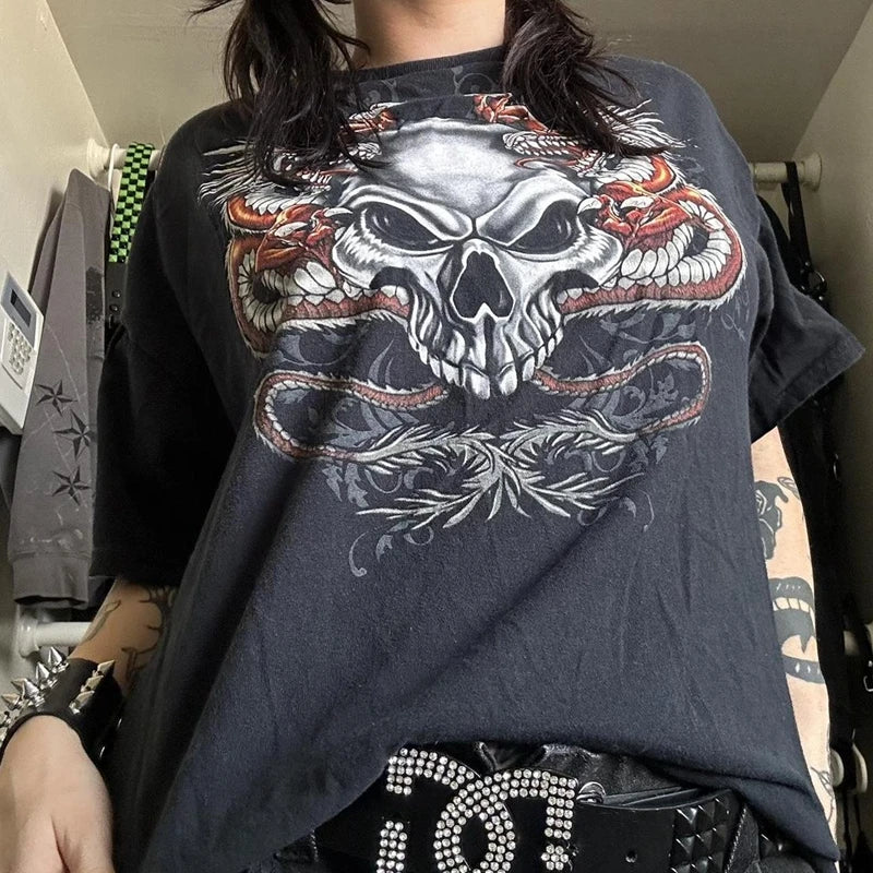 2000s Aesthetic Mall Goth E-girl Gothic T-shirt Retro Y2K Grunge Skull Wing Crop Tops Indie Graphic Print Short Sleeve Tee Women - Premium T-Shirt from Lizard Vigilante - Just $29.99! Shop now at Lizard Vigilante