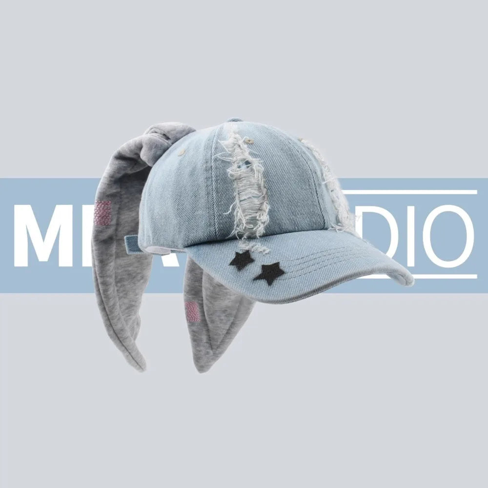 New Jeans Minji Haerin OMG Stage Long Rabbit Ear Hat Y2K Style Denim Blue Baseball Cap Fashion Kpop Caps Fan Collectable Gifts - Premium  from Lizard Vigilante - Just $28.99! Shop now at Lizard Vigilante