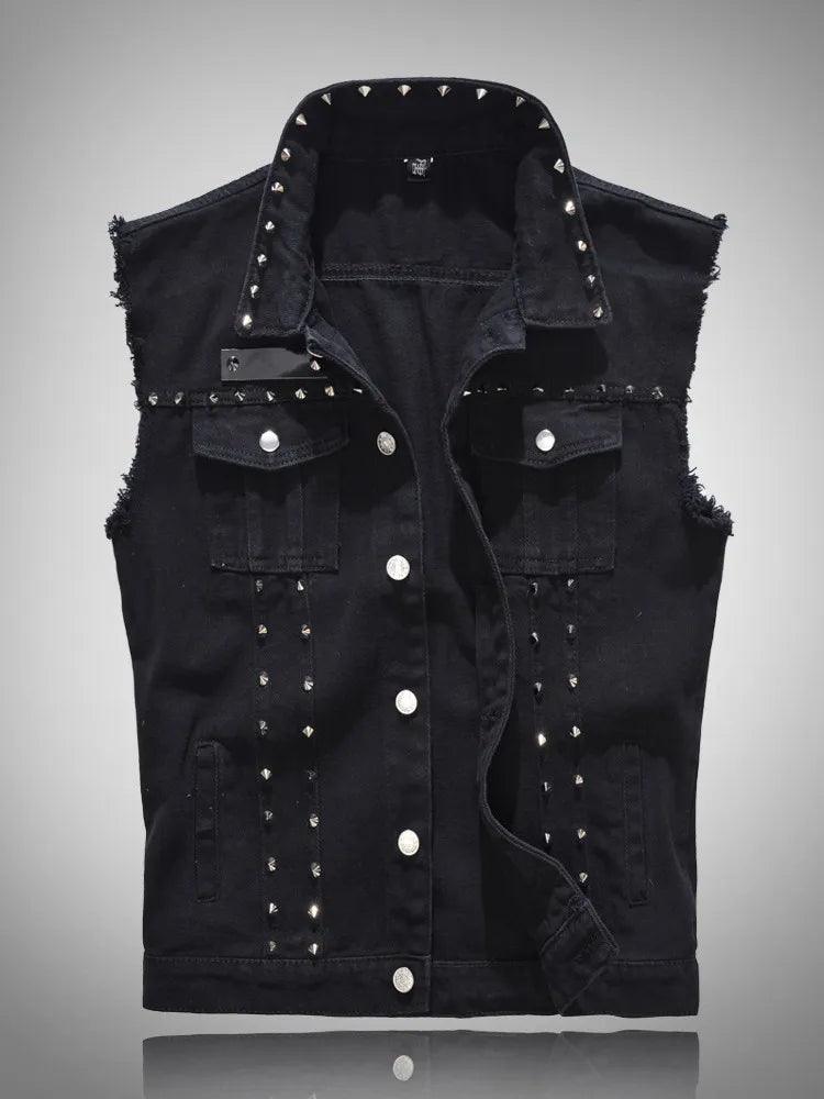 Men Rivet Denim Vest Punk Party Studded Slim Fit Jean Jacket Male Sleeveless Waistcoat for Men Plus Size 6XL - Lizard Vigilante