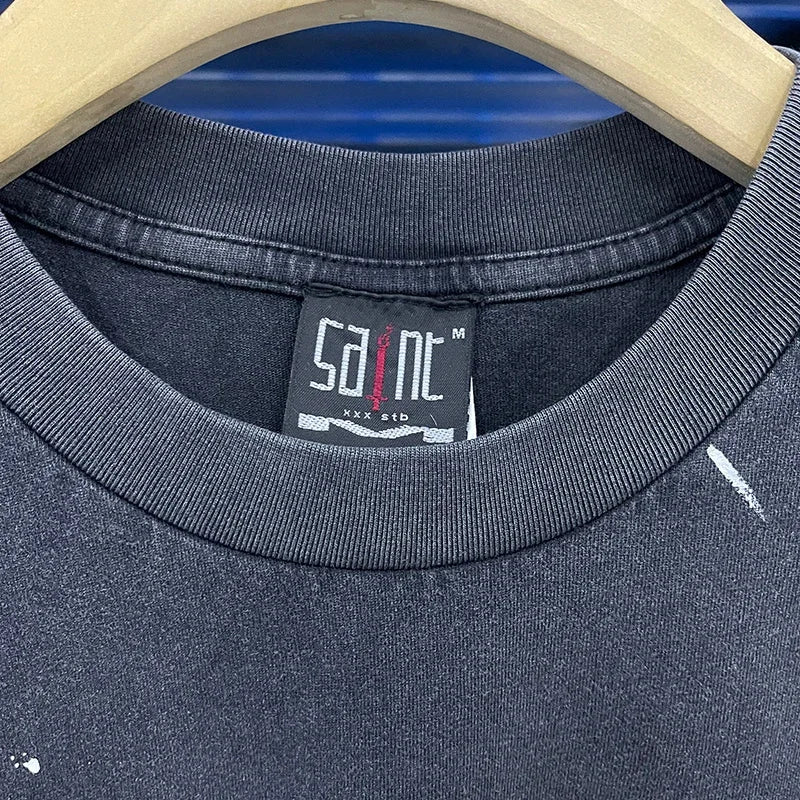 Men Women High Street Vintage Washed Black T-Shirt Top Quality Cototn TEE 3D Cracked Letters Logo Print Saint T Shirt With Tags - Premium  from Lizard Vigilante - Just $64.99! Shop now at Lizard Vigilante
