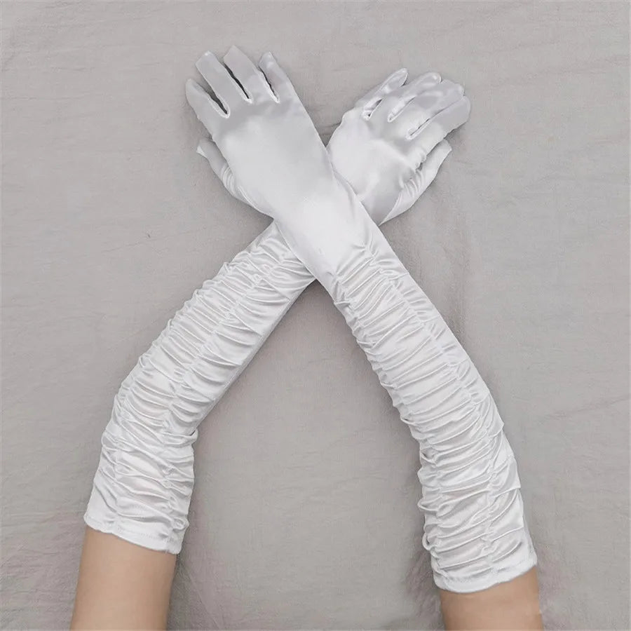 Women’s Long Solid Satin Folds Gloves – Retro Style Dance & Opera Performance Accessories - Premium  from Lizard Vigilante - Just $22.88! Shop now at Lizard Vigilante