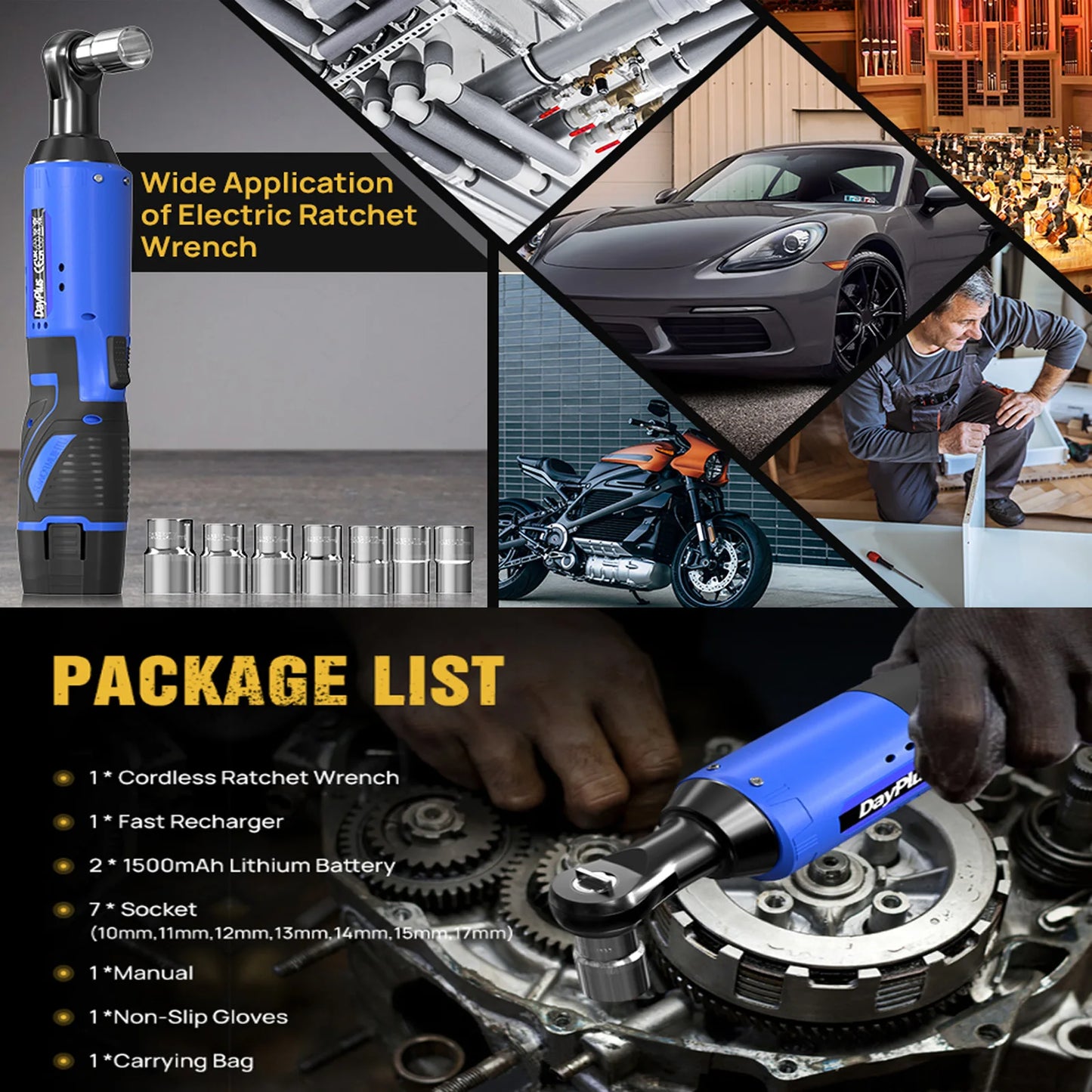 Electric Cordless Right Ratchet 3/8'' 90° Angle Wrench with LED Work Light +7pcs Sockets Set Power Ratchet Wrenches, 2 Battery