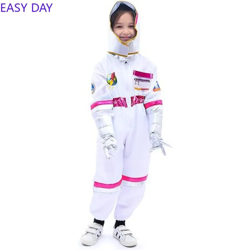 Kids Astronaut Cosplay Jumpsuit Space Party Costume With Gloves White Spaceman Outfit