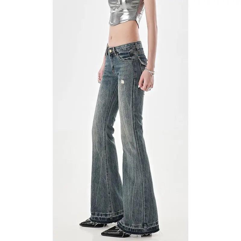 Low Waist Jeans Girls Women Autumn Vintage American High Street Spicy Y2k Design Sense Slim Fit Straight Tube Micro Flare Pants - Premium blue jeans from Lizard Vigilante - Just $52.99! Shop now at Lizard Vigilante