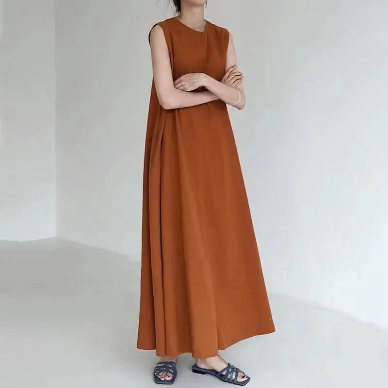 2022 Minimalist Chic Loose Swing Sleeveless Mid-length Casual Cotton Linen Long Dress  Round Neck High Waist Women Runway Dress
