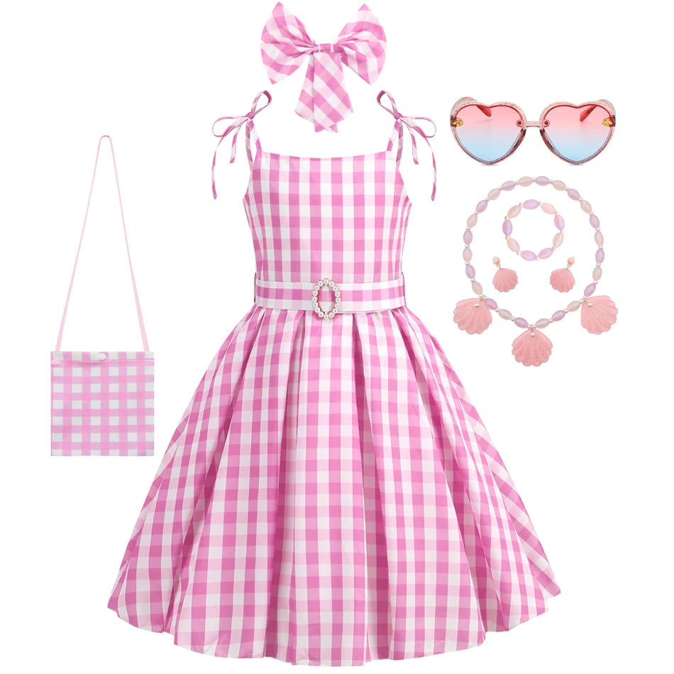 Barbie Movie Costume Girls Princess Cosplay Clothes Children Pink Plaid Dress Halloween Carnival Kids Party Wear 2-10 Years - Premium Cosplay Costumes from Lizard Vigilante - Just $18.99! Shop now at Lizard Vigilante